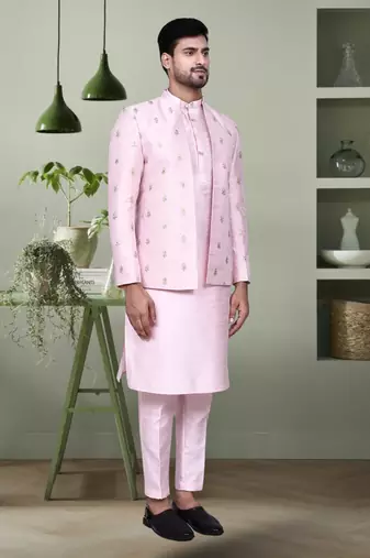 Baby pink embroidery kurta jacket set with pant for men's