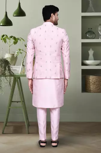 Baby pink embroidery kurta jacket set with pant for men's