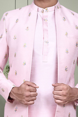 Baby pink embroidery kurta jacket set with pant for men's 4