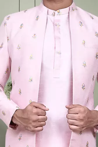 Baby pink embroidery kurta jacket set with pant for men's