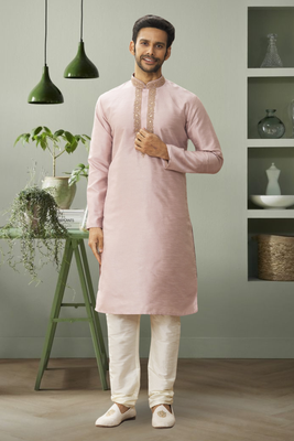Light pink art silk embroidery kurta pyjama for mens 1