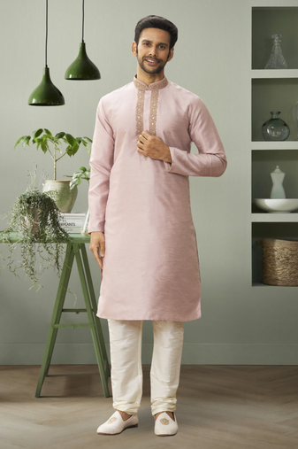 Light pink art silk embroidery kurta pyjama for mens