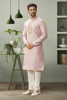 Light pink art silk embroidery kurta pyjama for mens 2