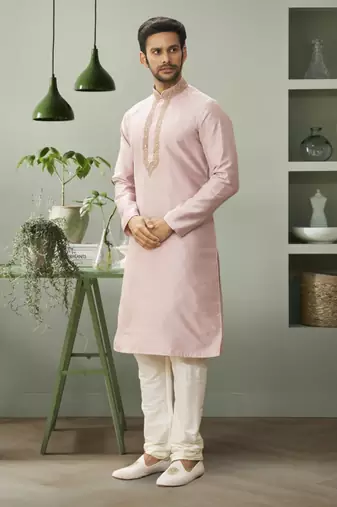 Light pink art silk embroidery kurta pyjama for mens