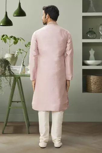 Light pink art silk embroidery kurta pyjama for mens