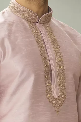 Light pink art silk embroidery kurta pyjama for mens
