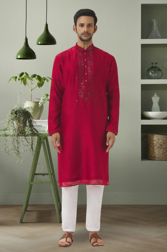 Red art silk mirror embroidery indian ethnic wear for men's