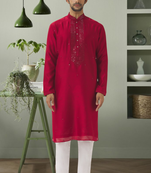 Red art silk mirror embroidery indian ethnic wear for men's