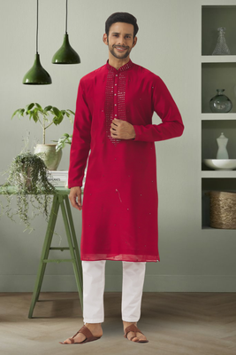 Red art silk mirror embroidery indian ethnic wear for men's 2