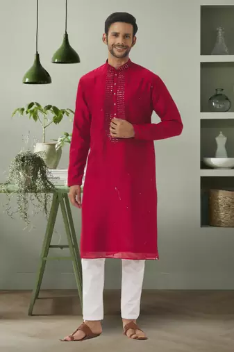 Red art silk mirror embroidery indian ethnic wear for men's