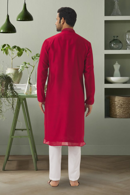Red art silk mirror embroidery indian ethnic wear for men's 3