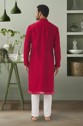 Red art silk mirror embroidery indian ethnic wear for men's