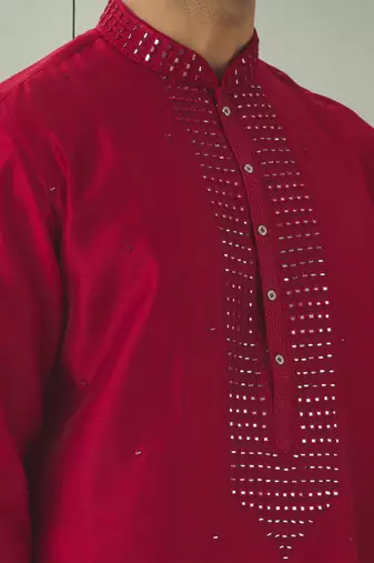 Red art silk mirror embroidery indian ethnic wear for men's