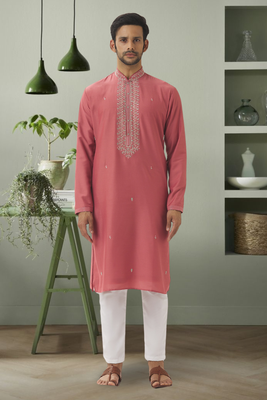 Powder pink art silk embroidery kurta pyjama for men's 1