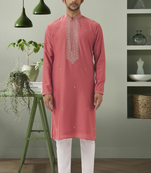 Powder pink art silk embroidery kurta pyjama for men's