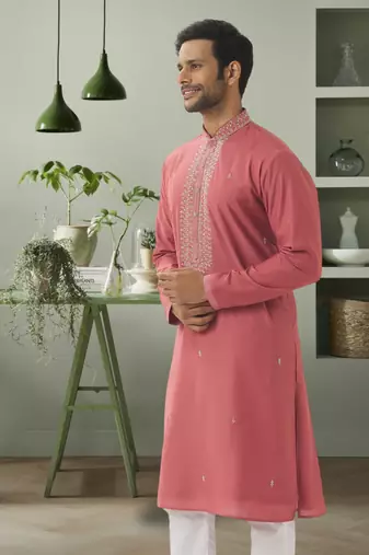 Powder pink art silk embroidery kurta pyjama for men's