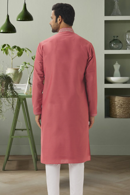 Powder pink art silk embroidery kurta pyjama for men's 3