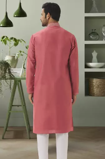 Powder pink art silk embroidery kurta pyjama for men's