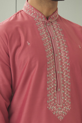 Powder pink art silk embroidery kurta pyjama for men's 4