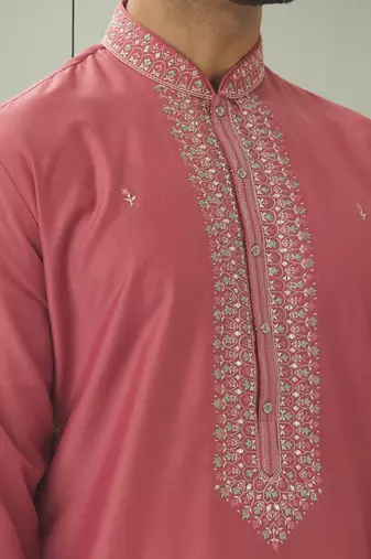 Powder pink art silk embroidery kurta pyjama for men's