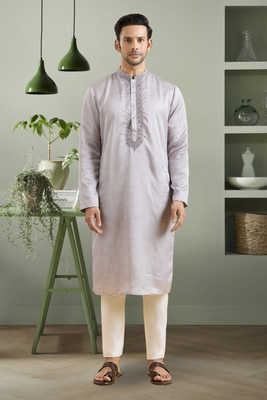 Light grey art silk embroidery kurta pyjama for men's 1