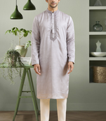 Light grey art silk embroidery kurta pyjama for men's