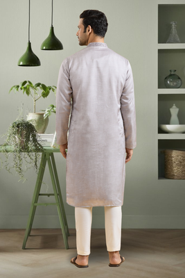 Light grey art silk embroidery kurta pyjama for men's 2
