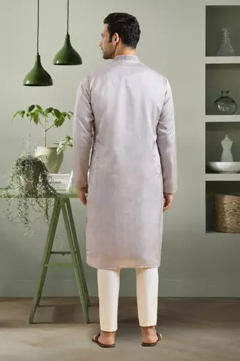 Light grey art silk embroidery kurta pyjama for men's