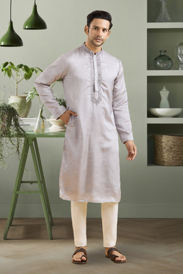 Light grey art silk embroidery kurta pyjama for men's 3