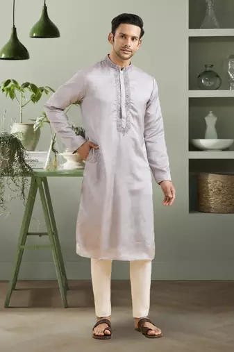 Light grey art silk embroidery kurta pyjama for men's