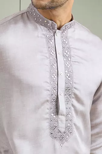 Light grey art silk embroidery kurta pyjama for men's