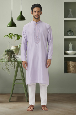 Light grey pink art silk embroidery kurta pyjama for men's 1