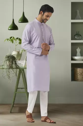 Light grey pink art silk embroidery kurta pyjama for men's