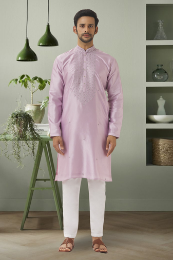 Light grey pink art silk embroidery kurta pyjama for men's