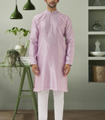 Light grey pink art silk embroidery kurta pyjama for men's