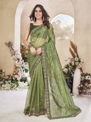 Mahendi green net organza all over embellished pink saree with unstitched blouse 1