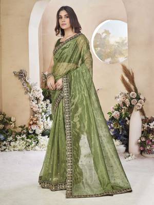 Mahendi green net organza all over embellished pink saree with unstitched blouse 2