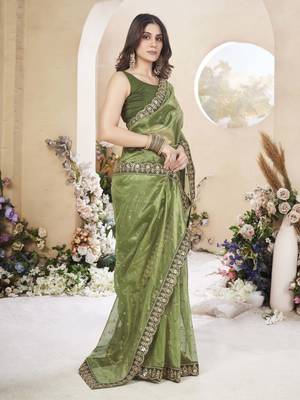 Mahendi green net organza all over embellished pink saree with unstitched blouse 3