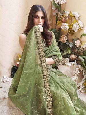 Mahendi green net organza all over embellished pink saree with unstitched blouse 4
