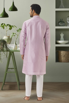 Light grey pink art silk embroidery kurta pyjama for men's 2