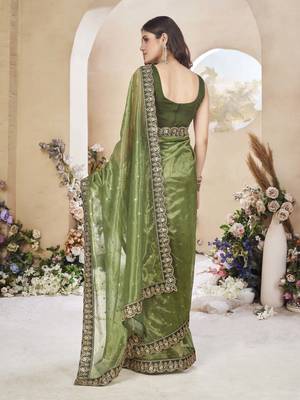 Mahendi green net organza all over embellished pink saree with unstitched blouse 5