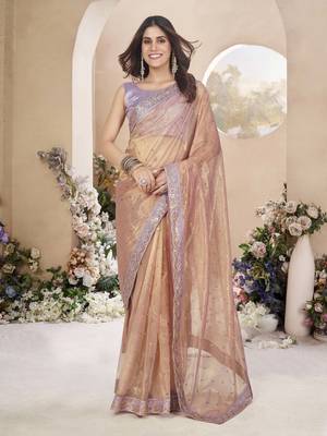 Powder peach net organza all over embellished pink saree with unstitched blouse 1