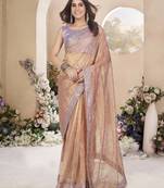 Powder peach net organza all over embellished pink saree with unstitched blouse