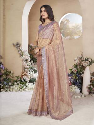 Powder peach net organza all over embellished pink saree with unstitched blouse 2