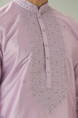 Light grey pink art silk embroidery kurta pyjama for men's 3