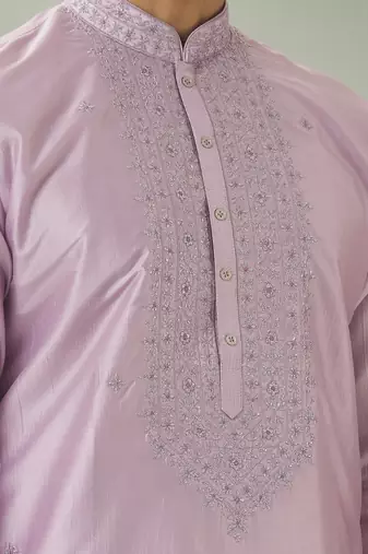 Light grey pink art silk embroidery kurta pyjama for men's