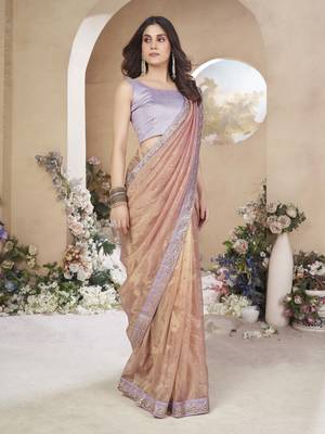 Powder peach net organza all over embellished pink saree with unstitched blouse 4