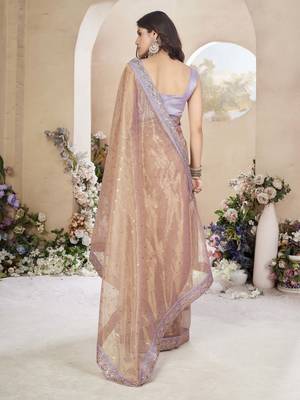 Powder peach net organza all over embellished pink saree with unstitched blouse 5