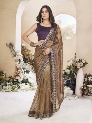 Copper brown net organza all over embellished pink saree with unstitched blouse 1