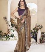 Copper brown net organza all over embellished pink saree with unstitched blouse